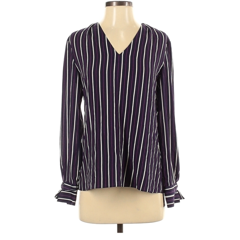 BANANA REPUBLIC LONG SLEEVE BLUE AND PURPLE STRIPED BLOUSE, SIZE XSMALL